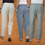 COMBO OF 3 MEN STRIPE COTTON HANDLOOM PANT BLUE GRAY AND BEIGE