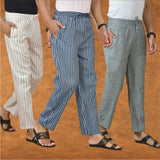 COMBO OF 3 MEN STRIPE COTTON HANDLOOM PANT BLUE GRAY AND BEIGE