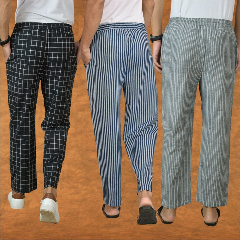 COMBO OF 3 MEN STRIPE COTTON HANDLOOM PANT BLUE GRAY AND BLACK