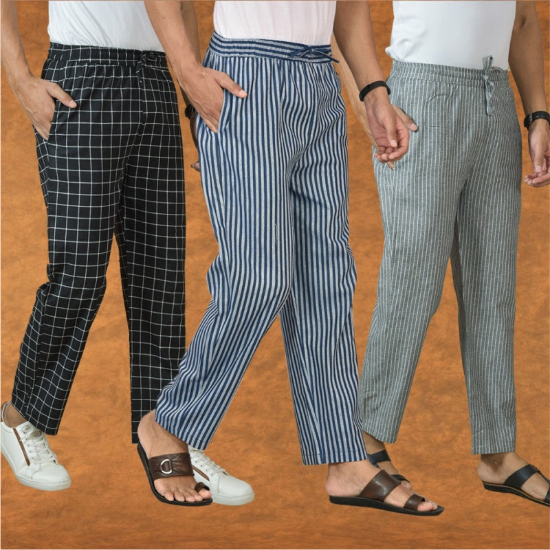 COMBO OF 3 MEN STRIPE COTTON HANDLOOM PANT BLUE GRAY AND BLACK