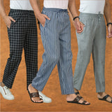 COMBO OF 3 MEN STRIPE COTTON HANDLOOM PANT BLUE GRAY AND BLACK