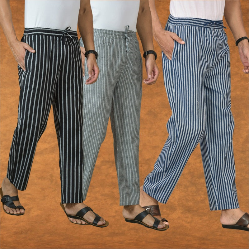 COMBO OF 3 MEN STRIPE COTTON HANDLOOM PANT BLUE GRAY AND BLACK