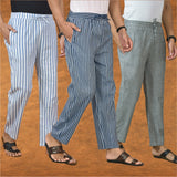 COMBO OF 3 MEN STRIPE COTTON HANDLOOM PANT BLUE GRAY AND BLUE