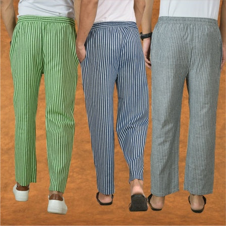 COMBO OF 3 MEN STRIPE COTTON HANDLOOM PANT BLUE GRAY AND OLIVE GREEN
