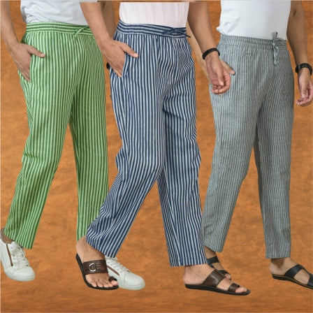 COMBO OF 3 MEN STRIPE COTTON HANDLOOM PANT BLUE GRAY AND OLIVE GREEN