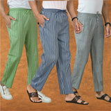 COMBO OF 3 MEN STRIPE COTTON HANDLOOM PANT BLUE GRAY AND OLIVE GREEN