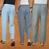 COMBO OF 3 MEN STRIPE COTTON HANDLOOM PANT BLUE GRAY AND SKY BLUE