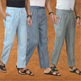 COMBO OF 3 MEN STRIPE COTTON HANDLOOM PANT BLUE GRAY AND SKY BLUE