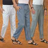 COMBO OF 3 MEN STRIPE COTTON HANDLOOM PANT BLUE GRAY AND WHITE