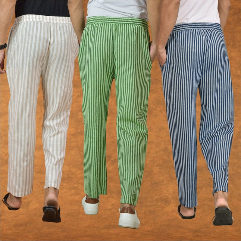COMBO OF 3 MEN STRIPE COTTON HANDLOOM PANT BLUE OLIVE GREEN AND BEIGE