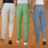 COMBO OF 3 MEN STRIPE COTTON HANDLOOM PANT BLUE OLIVE GREEN AND BEIGE