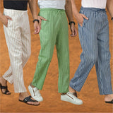COMBO OF 3 MEN STRIPE COTTON HANDLOOM PANT BLUE OLIVE GREEN AND BEIGE
