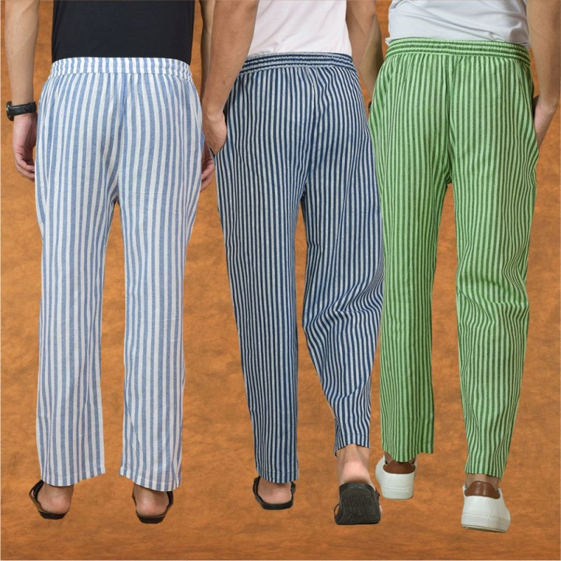 COMBO OF 3 MEN STRIPE COTTON HANDLOOM PANT BLUE OLIVE GREEN AND BLUE