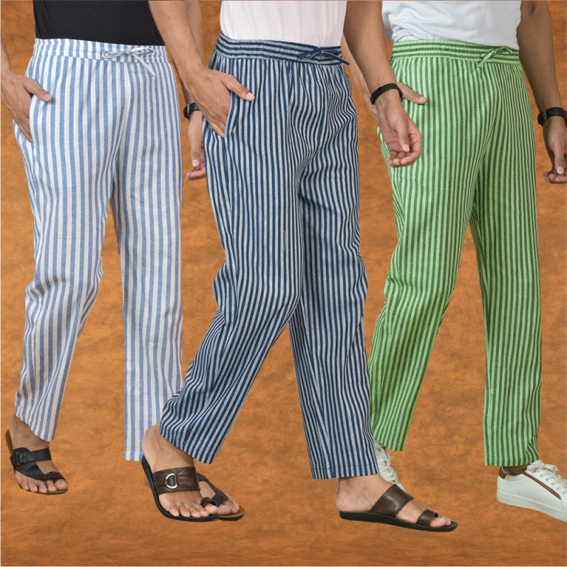 COMBO OF 3 MEN STRIPE COTTON HANDLOOM PANT BLUE OLIVE GREEN AND BLUE