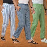 COMBO OF 3 MEN STRIPE COTTON HANDLOOM PANT BLUE OLIVE GREEN AND BLUE