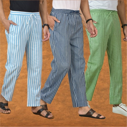 COMBO OF 3 MEN STRIPE COTTON HANDLOOM PANT BLUE OLIVE GREEN AND SKY BLUE