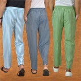 COMBO OF 3 MEN STRIPE COTTON HANDLOOM PANT BLUE OLIVE GREEN AND SKY BLUE
