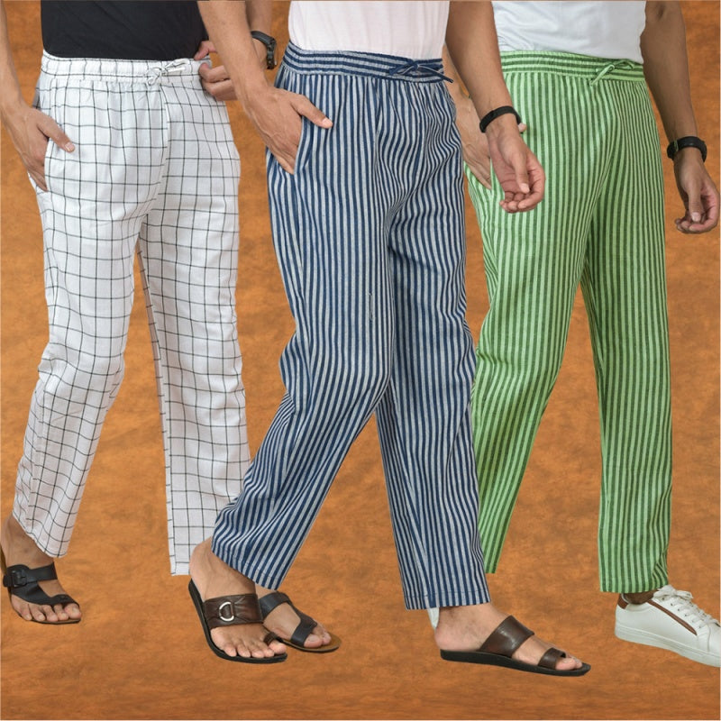COMBO OF 3 MEN STRIPE COTTON HANDLOOM PANT BLUE OLIVE GREEN AND WHITE