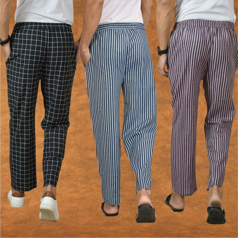 COMBO OF 3 MEN STRIPE COTTON HANDLOOM PANT BLUE PURPLE AND BLACK