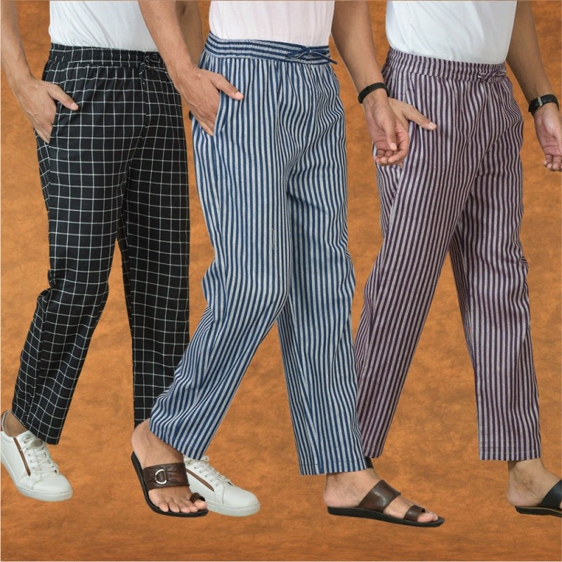 COMBO OF 3 MEN STRIPE COTTON HANDLOOM PANT BLUE PURPLE AND BLACK