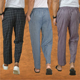COMBO OF 3 MEN STRIPE COTTON HANDLOOM PANT BLUE PURPLE AND BLACK