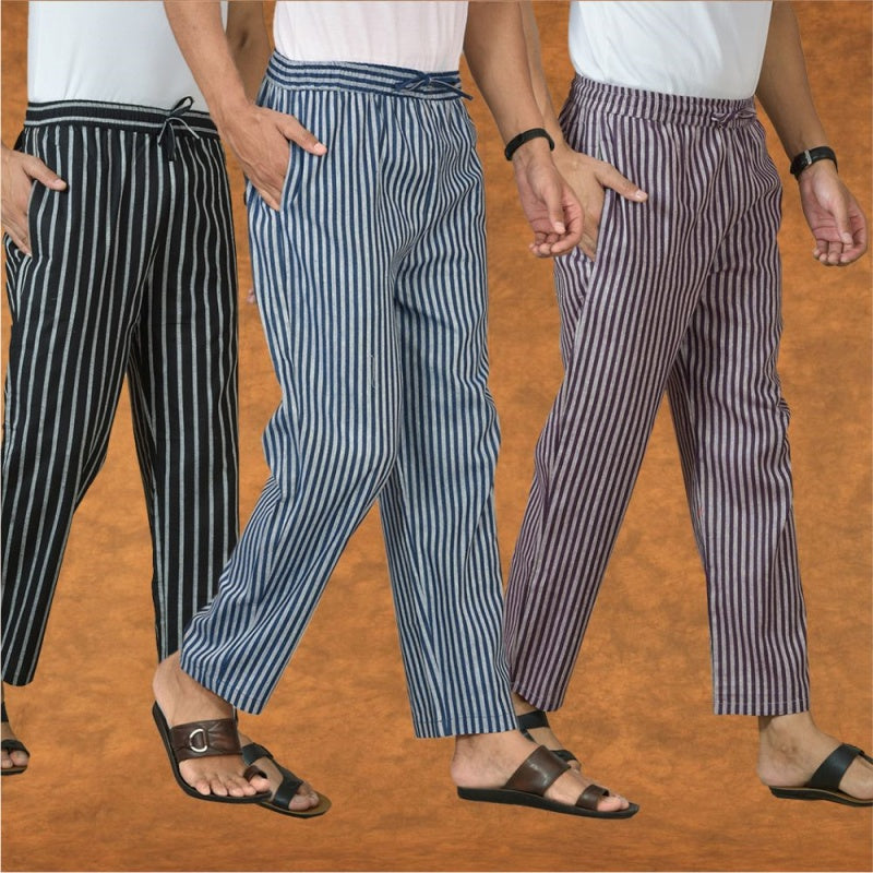 COMBO OF 3 MEN STRIPE COTTON HANDLOOM PANT BLUE PURPLE AND BLACK