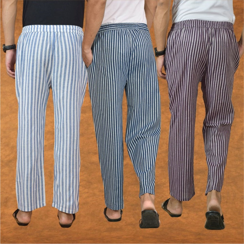 COMBO OF 3 MEN STRIPE COTTON HANDLOOM PANT BLUE PURPLE AND BLUE