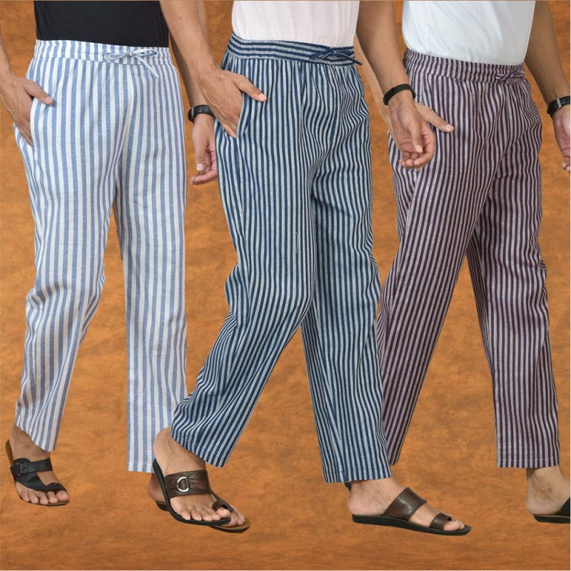 COMBO OF 3 MEN STRIPE COTTON HANDLOOM PANT BLUE PURPLE AND BLUE