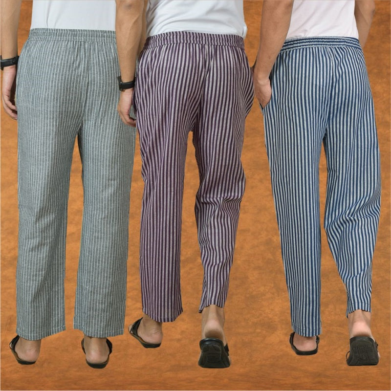 COMBO OF 3 MEN STRIPE COTTON HANDLOOM PANT BLUE PURPLE AND GRAY
