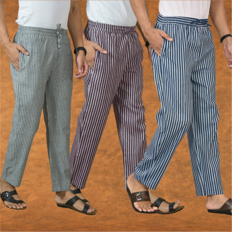 COMBO OF 3 MEN STRIPE COTTON HANDLOOM PANT BLUE PURPLE AND GRAY