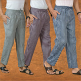 COMBO OF 3 MEN STRIPE COTTON HANDLOOM PANT BLUE PURPLE AND GRAY