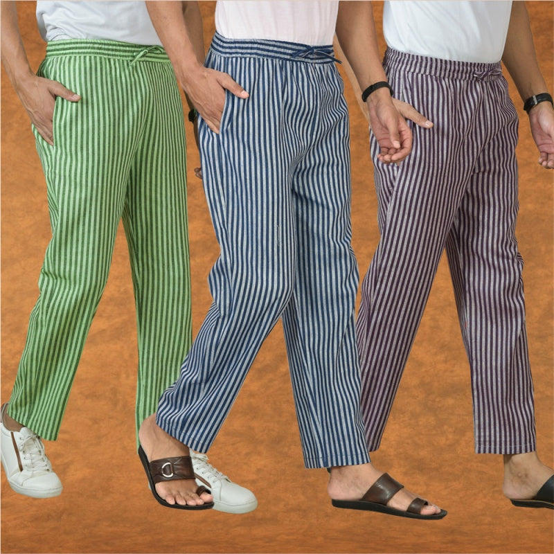 COMBO OF 3 MEN STRIPE COTTON HANDLOOM PANT BLUE PURPLE AND OLIVE GREEN