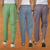 COMBO OF 3 MEN STRIPE COTTON HANDLOOM PANT BLUE PURPLE AND OLIVE GREEN