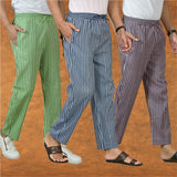 COMBO OF 3 MEN STRIPE COTTON HANDLOOM PANT BLUE PURPLE AND OLIVE GREEN