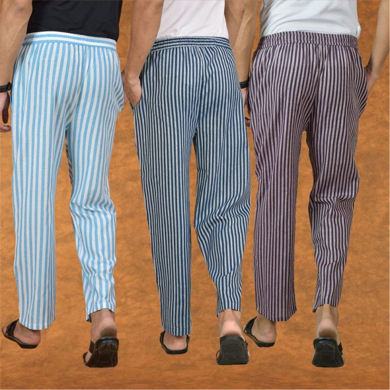 COMBO OF 3 MEN STRIPE COTTON HANDLOOM PANT BLUE PURPLE AND SKY BLUE