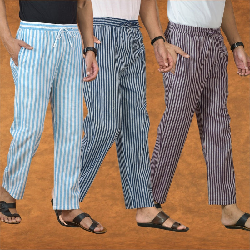 COMBO OF 3 MEN STRIPE COTTON HANDLOOM PANT BLUE PURPLE AND SKY BLUE
