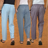COMBO OF 3 MEN STRIPE COTTON HANDLOOM PANT BLUE PURPLE AND SKY BLUE