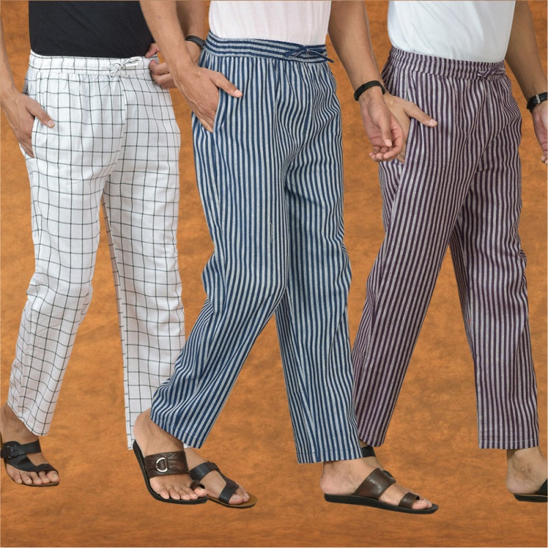 COMBO OF 3 MEN STRIPE COTTON HANDLOOM PANT BLUE PURPLE AND WHITE-