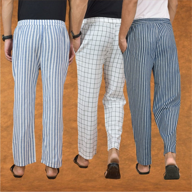 COMBO OF 3 MEN STRIPE COTTON HANDLOOM PANT BLUE WHITE AND BLUE