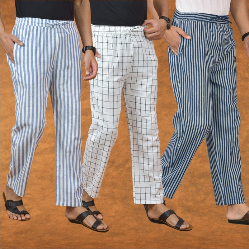 COMBO OF 3 MEN STRIPE COTTON HANDLOOM PANT BLUE WHITE AND BLUE