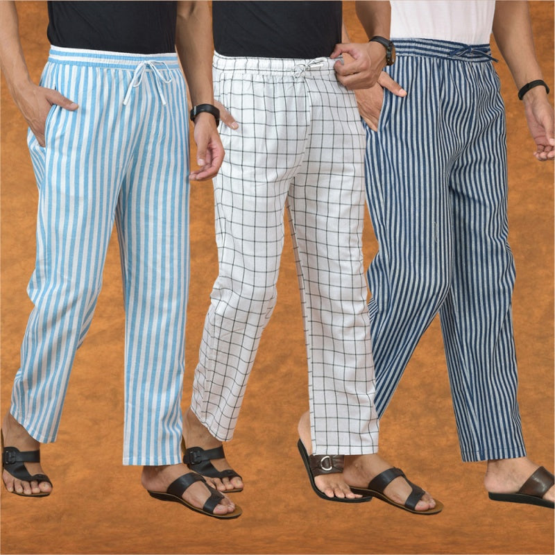 COMBO OF 3 MEN STRIPE COTTON HANDLOOM PANT BLUE WHITE AND SKY BLUE