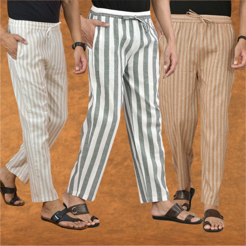 COMBO OF 3 MEN STRIPE COTTON HANDLOOM PANT GRAY BEIGE AND BEIGE