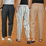 COMBO OF 3 MEN STRIPE COTTON HANDLOOM PANT GRAY BEIGE AND BLACK