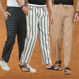 COMBO OF 3 MEN STRIPE COTTON HANDLOOM PANT GRAY BEIGE AND BLACK