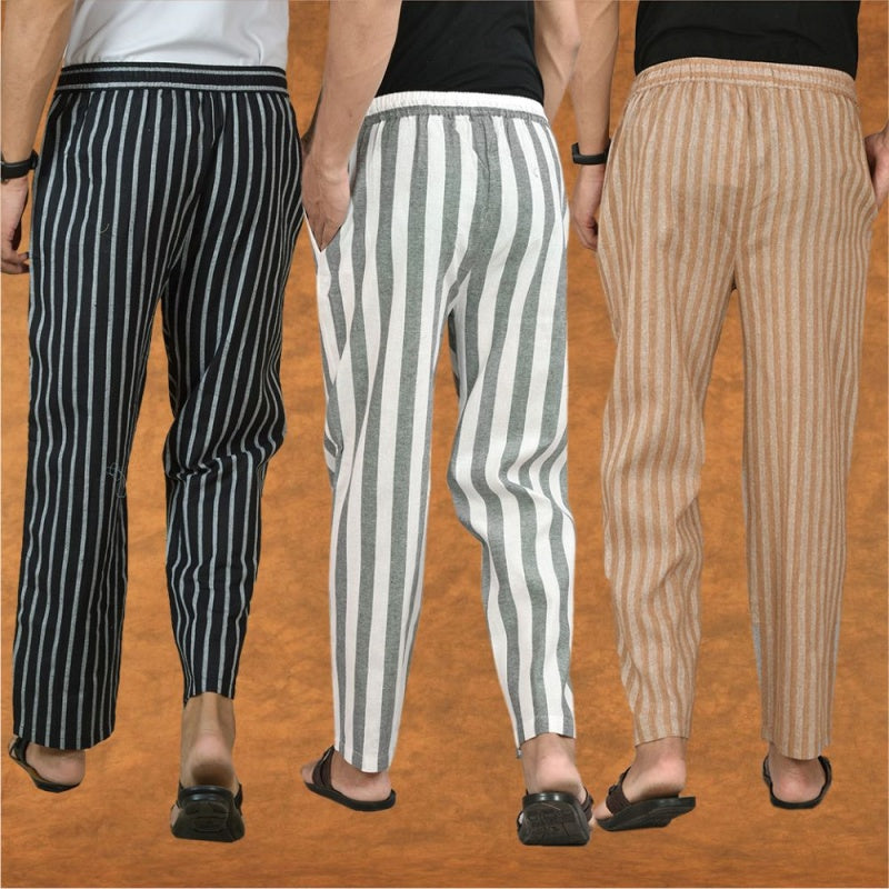 COMBO OF 3 MEN STRIPE COTTON HANDLOOM PANT GRAY BEIGE AND BLACK