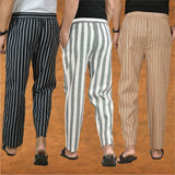 COMBO OF 3 MEN STRIPE COTTON HANDLOOM PANT GRAY BEIGE AND BLACK