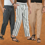 COMBO OF 3 MEN STRIPE COTTON HANDLOOM PANT GRAY BEIGE AND BLACK