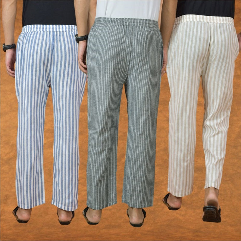 COMBO OF 3 MEN STRIPE COTTON HANDLOOM PANT GRAY BEIGE AND BLUE-