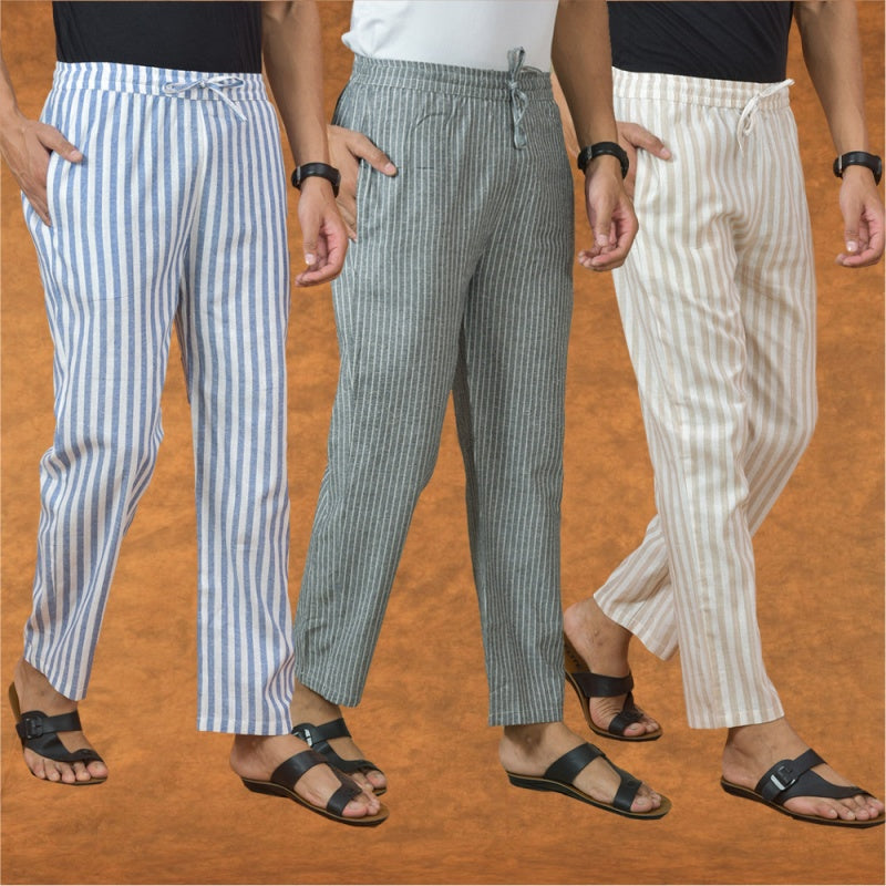COMBO OF 3 MEN STRIPE COTTON HANDLOOM PANT GRAY BEIGE AND BLUE-