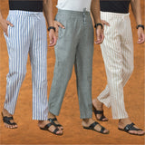 COMBO OF 3 MEN STRIPE COTTON HANDLOOM PANT GRAY BEIGE AND BLUE-